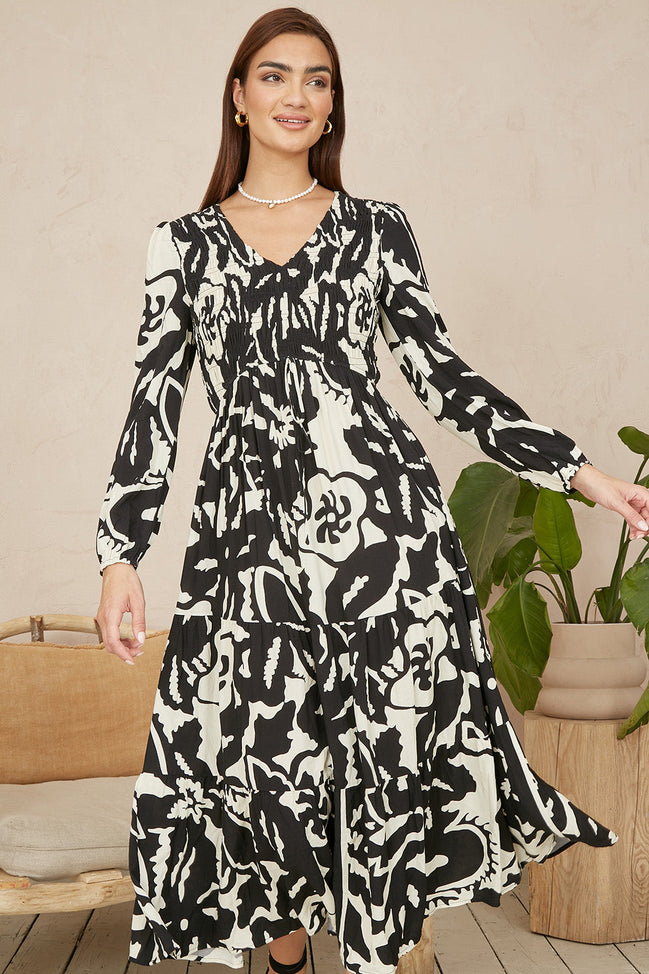 Yumi Black Abstract Print Ruched Midi Dress with Long Sleeves