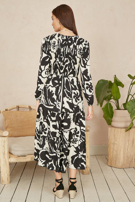 Yumi Black Abstract Print Ruched Midi Dress with Long Sleeves