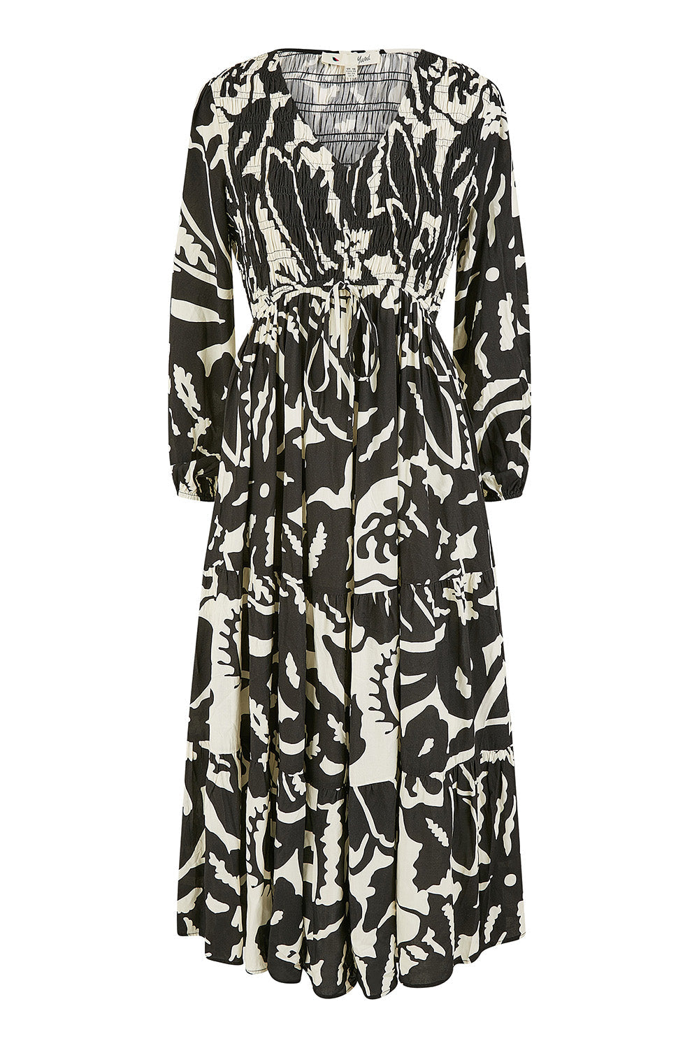 Yumi Black Abstract Print Ruched Midi Dress with Long Sleeves