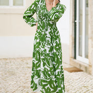 Yumi Green Abstract Print Ruched Midi Dress with Long Sleeves