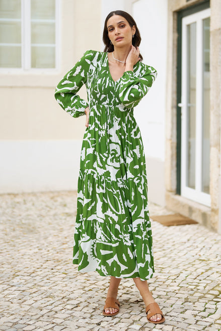 Yumi Green Abstract Print Ruched Midi Dress with Long Sleeves