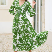 Yumi Green Abstract Print Ruched Midi Dress with Long Sleeves