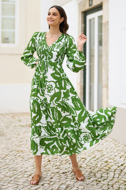 Yumi Green Abstract Print Ruched Midi Dress with Long Sleeves