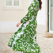 Yumi Green Abstract Print Ruched Midi Dress with Long Sleeves