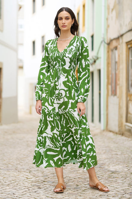 Yumi Green Abstract Print Ruched Midi Dress with Long Sleeves