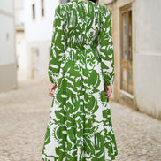 Yumi Green Abstract Print Ruched Midi Dress with Long Sleeves