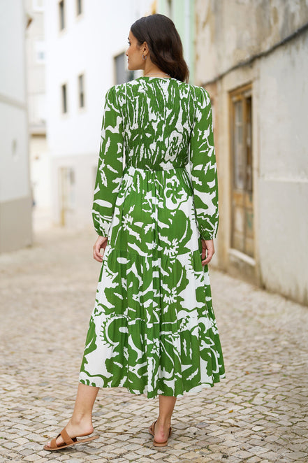 Yumi Green Abstract Print Ruched Midi Dress with Long Sleeves