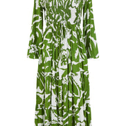 Yumi Green Abstract Print Ruched Midi Dress with Long Sleeves