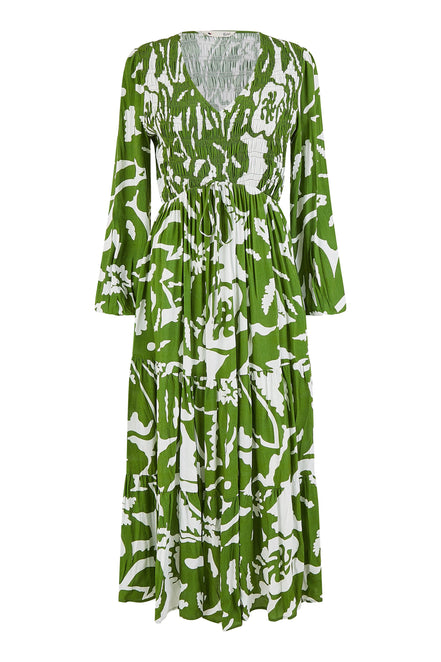 Yumi Green Abstract Print Ruched Midi Dress with Long Sleeves