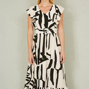 Yumi Ivory Abstract Print Viscose Midi Dress with Matching Belt