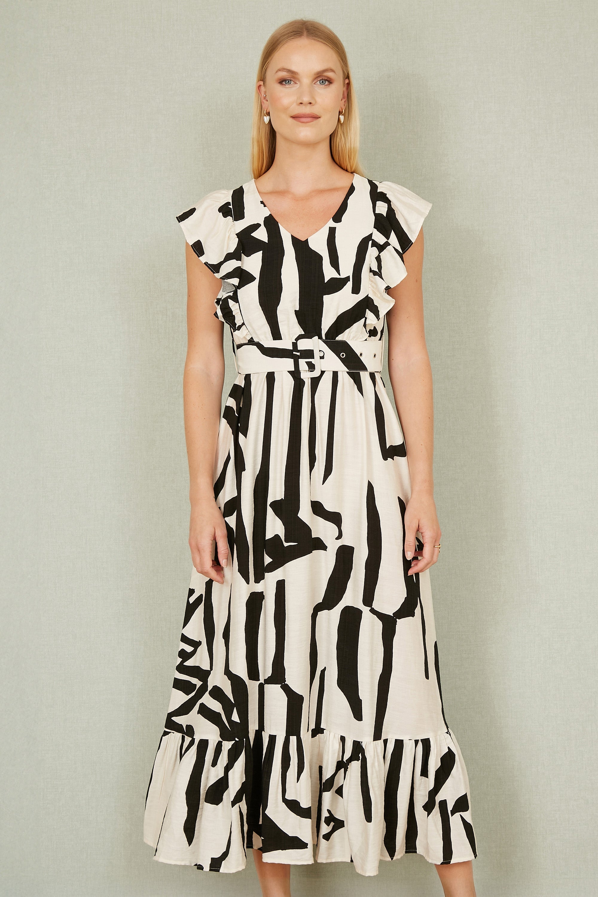 Yumi Ivory Abstract Print Viscose Midi Dress with Matching Belt