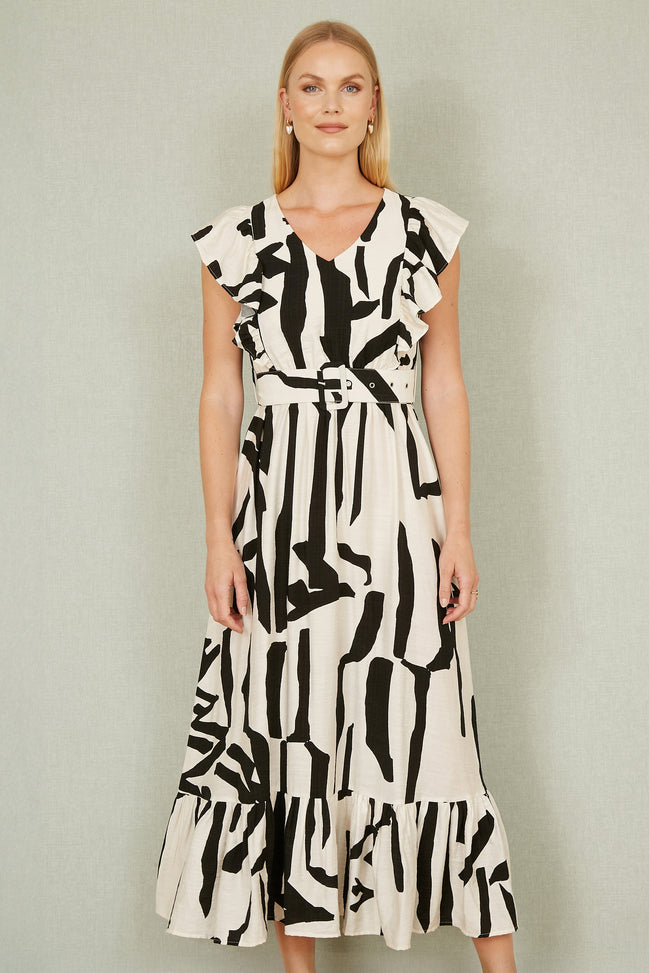 Yumi Ivory Abstract Print Viscose Midi Dress with Matching Belt