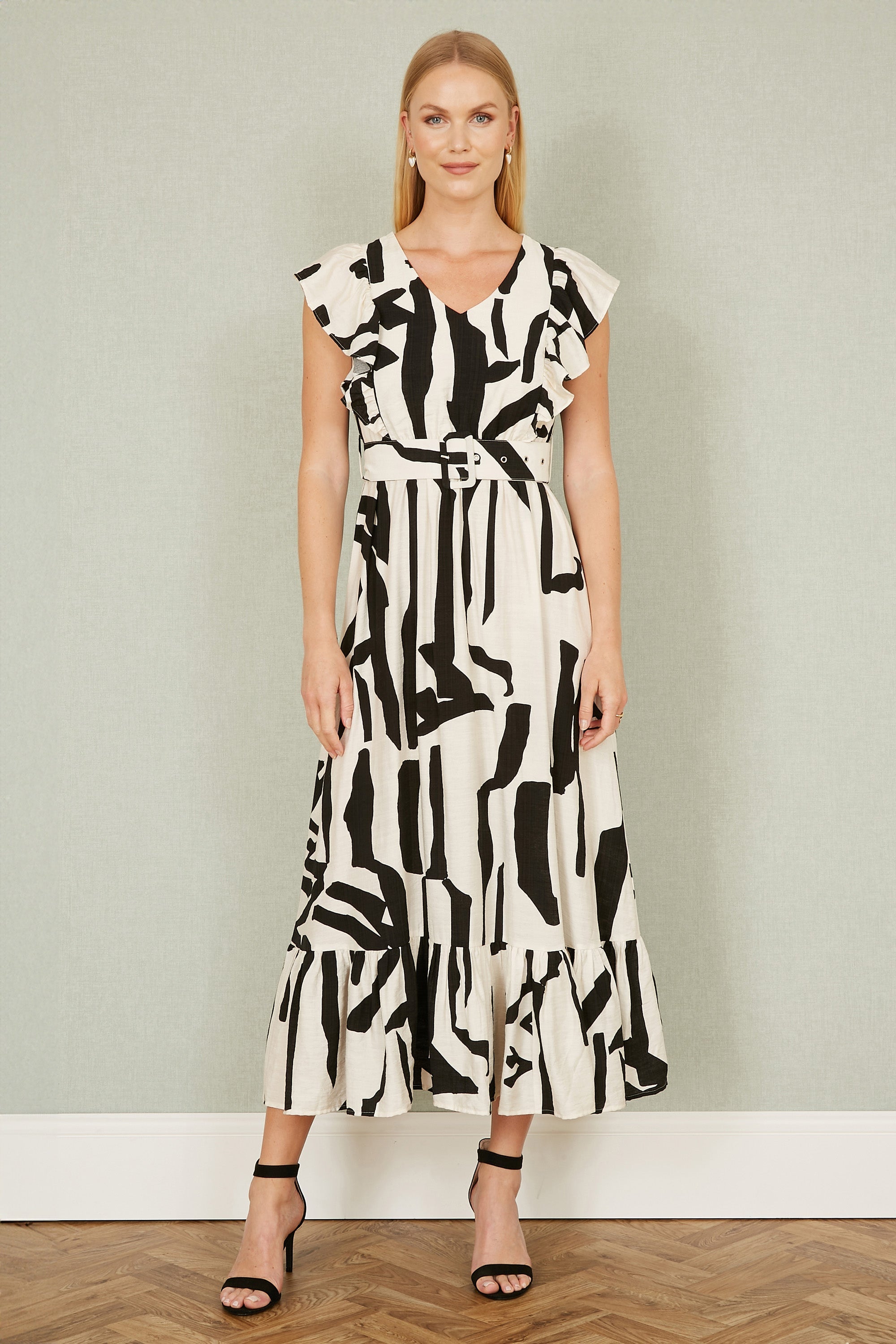Yumi Ivory Abstract Print Viscose Midi Dress with Matching Belt