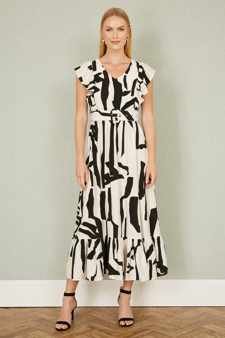 Yumi Ivory Abstract Print Viscose Midi Dress with Matching Belt