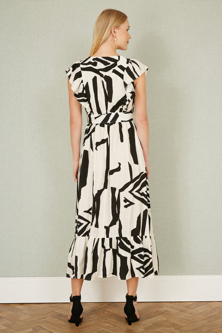 Yumi Ivory Abstract Print Viscose Midi Dress with Matching Belt