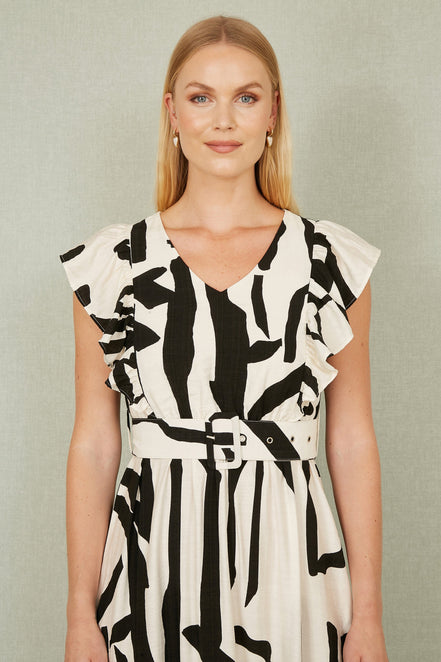 Yumi Ivory Abstract Print Viscose Midi Dress with Matching Belt