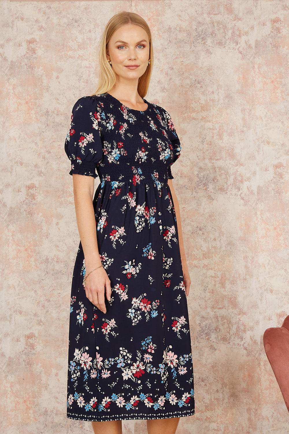 Yumi Navy Recycled Floral Ruched Midi Dress with Puff Sleeves
