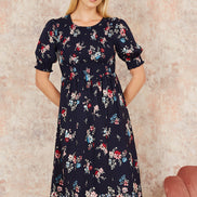 Yumi Navy Recycled Floral Ruched Midi Dress with Puff Sleeves