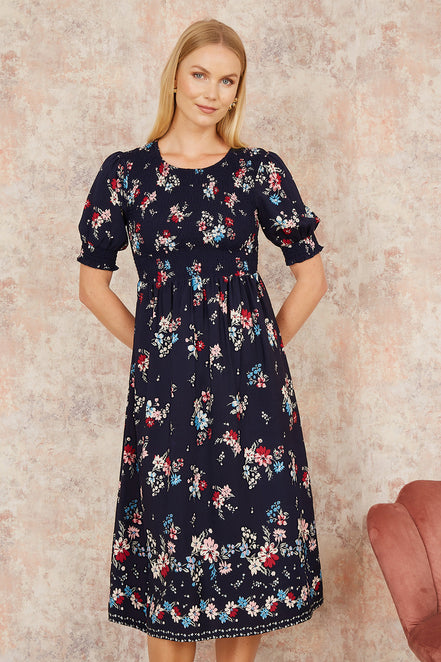 Yumi Navy Recycled Floral Ruched Midi Dress with Puff Sleeves