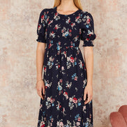 Yumi Navy Recycled Floral Ruched Midi Dress with Puff Sleeves