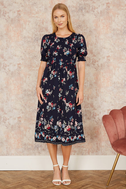 Yumi Navy Recycled Floral Ruched Midi Dress with Puff Sleeves