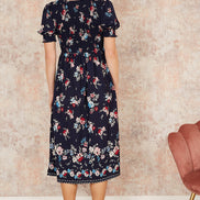 Yumi Navy Recycled Floral Ruched Midi Dress with Puff Sleeves