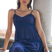 Yumi Navy Lace Tiered Strappy Maxi Dress