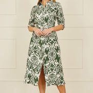 Yumi Green Ikat Geo Print Midi Shirt Dress