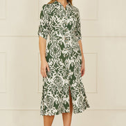 Yumi Green Ikat Geo Print Midi Shirt Dress