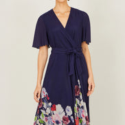 Yumi Navy Mesh Wrap Midi Dress with Floral Hem Border