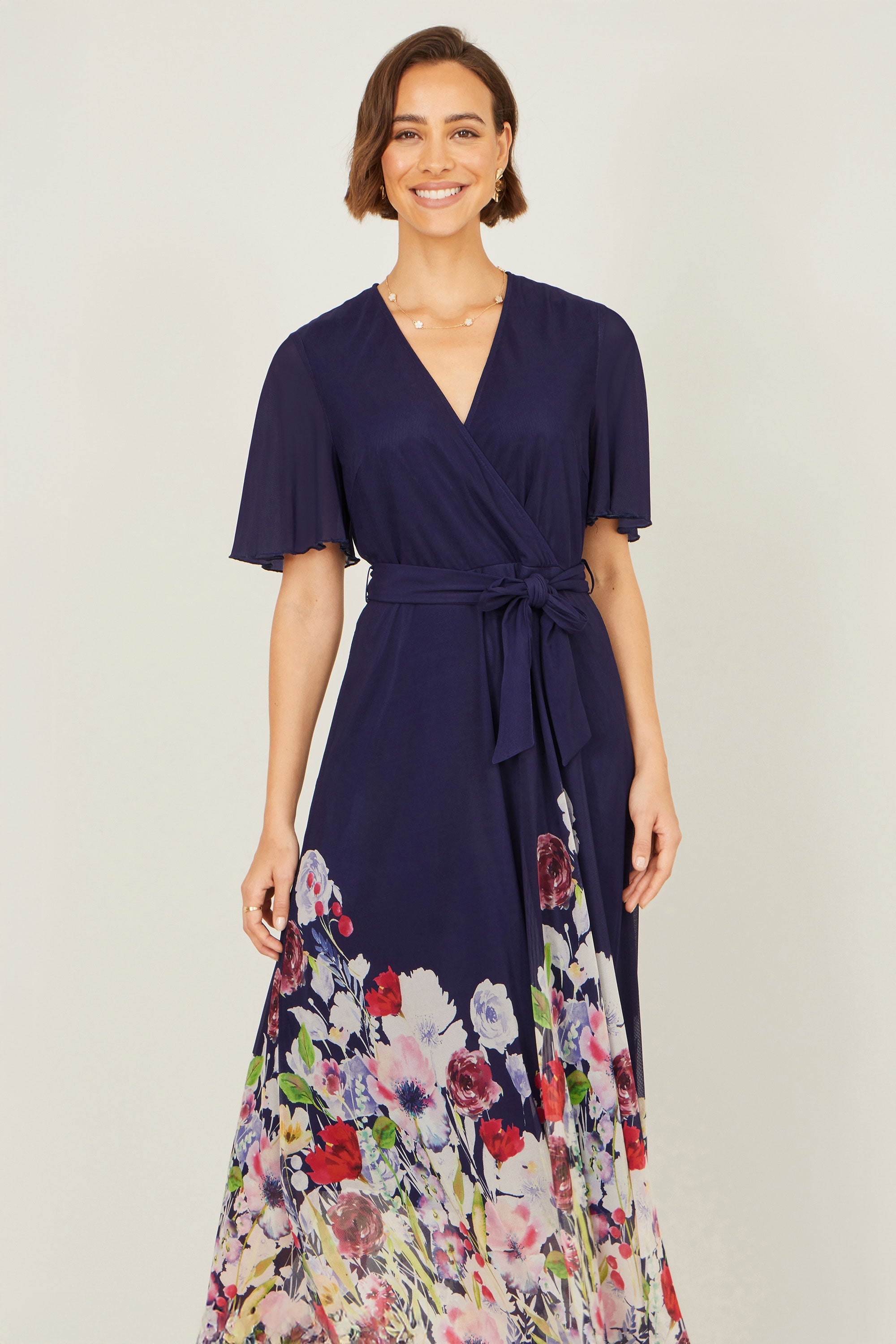 Yumi Navy Mesh Wrap Midi Dress with Floral Hem Border