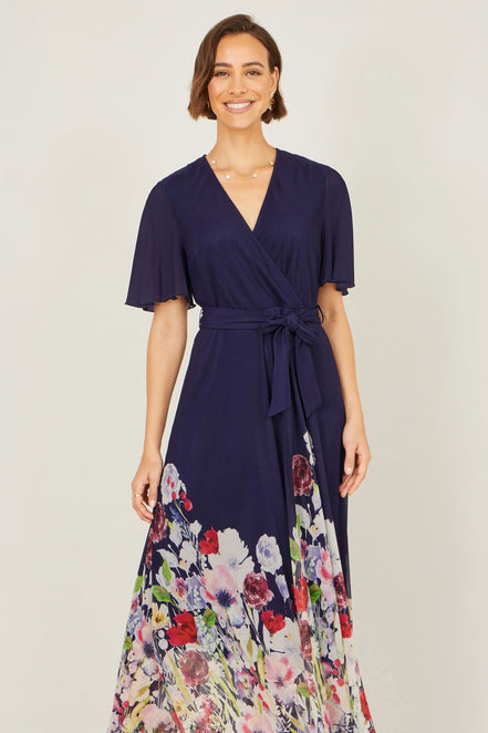Yumi Navy Mesh Wrap Midi Dress with Floral Hem Border
