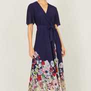 Yumi Navy Mesh Wrap Midi Dress with Floral Hem Border
