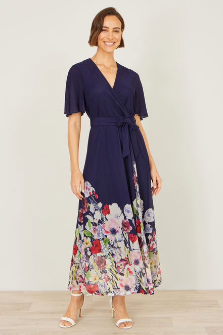 Yumi Navy Mesh Wrap Midi Dress with Floral Hem Border