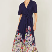Yumi Navy Mesh Wrap Midi Dress with Floral Hem Border