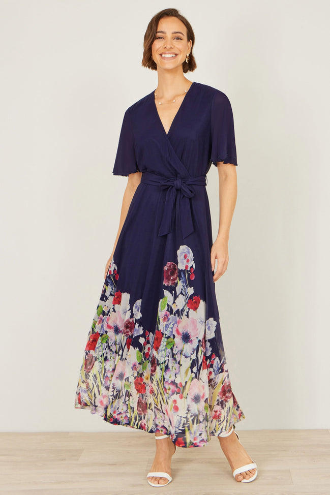 Yumi Navy Mesh Wrap Midi Dress with Floral Hem Border