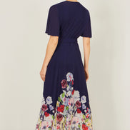 Yumi Navy Mesh Wrap Midi Dress with Floral Hem Border