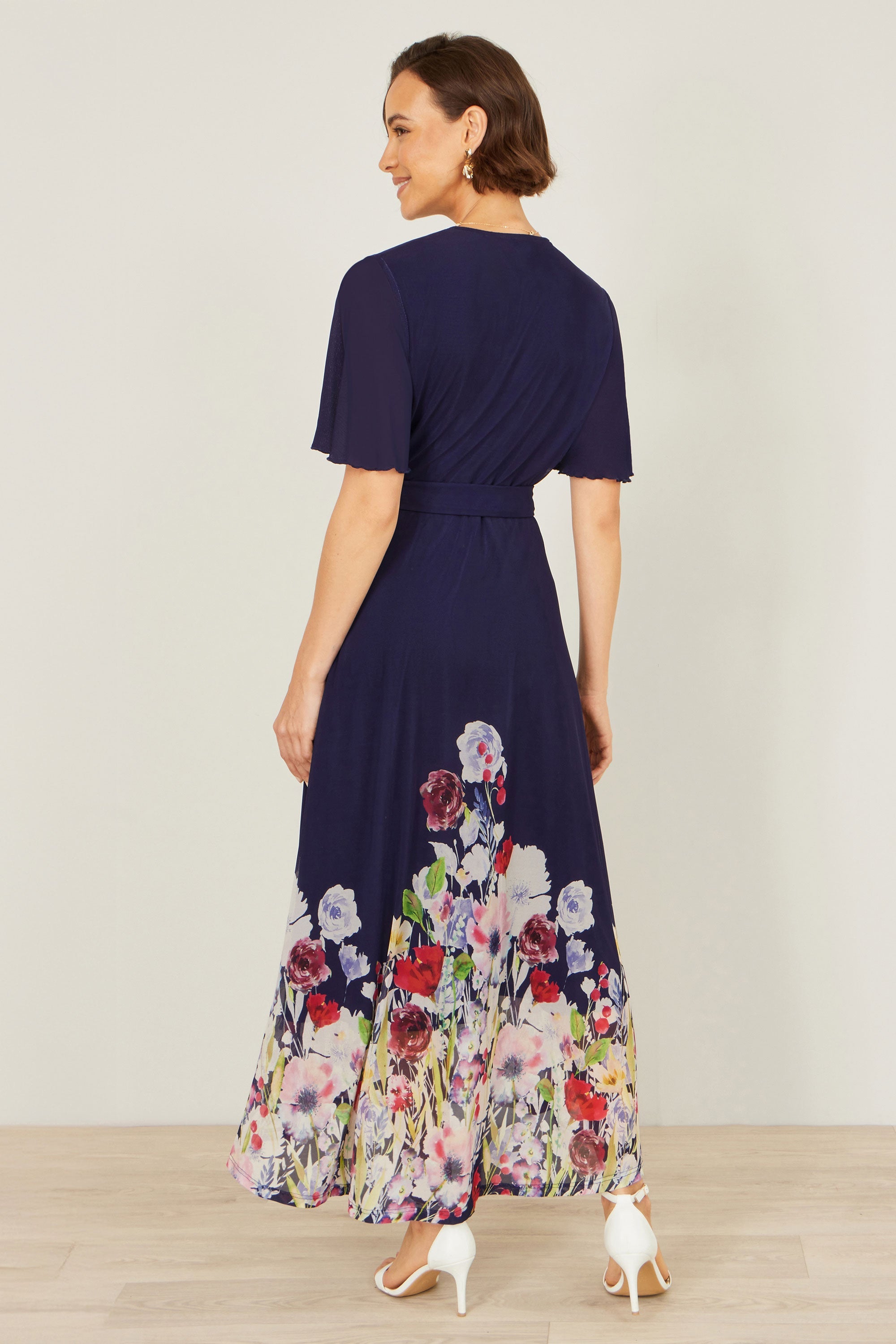 Yumi Navy Mesh Wrap Midi Dress with Floral Hem Border