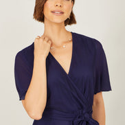 Yumi Navy Mesh Wrap Midi Dress with Floral Hem Border