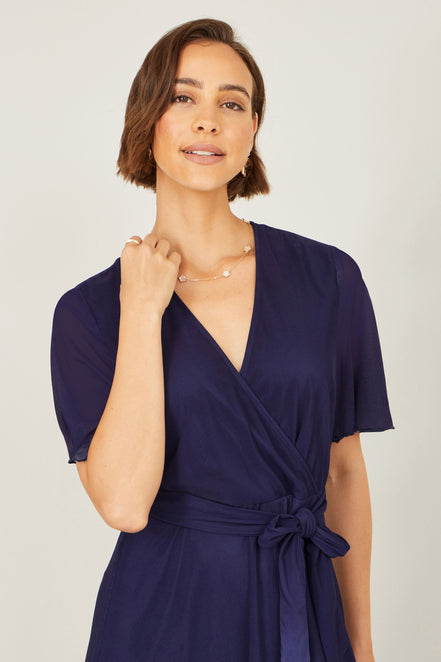 Yumi Navy Mesh Wrap Midi Dress with Floral Hem Border