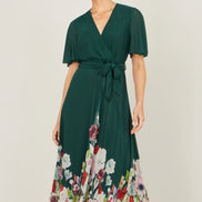 Yumi Green Mesh Wrap Midi Dress with Floral Hem Border