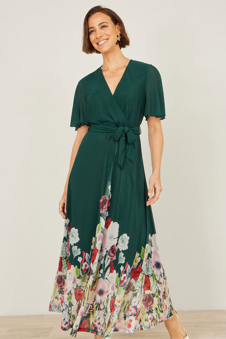 Yumi Green Mesh Wrap Midi Dress with Floral Hem Border