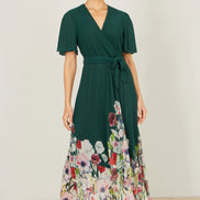 Yumi Green Mesh Wrap Midi Dress with Floral Hem Border