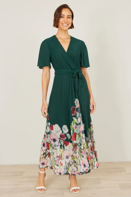 Yumi Green Mesh Wrap Midi Dress with Floral Hem Border