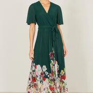 Yumi Green Mesh Wrap Midi Dress with Floral Hem Border