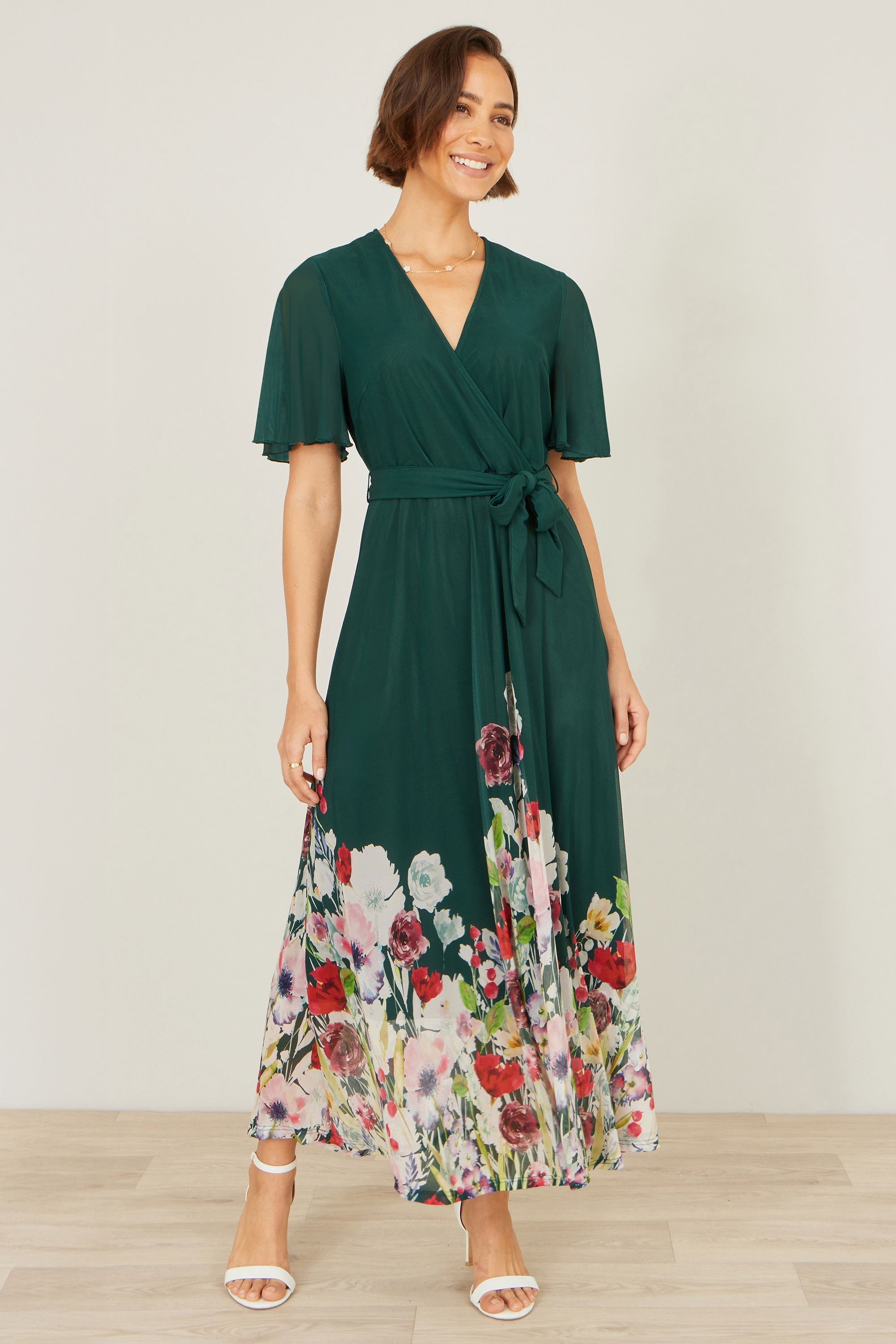 Yumi Green Mesh Wrap Midi Dress with Floral Hem Border