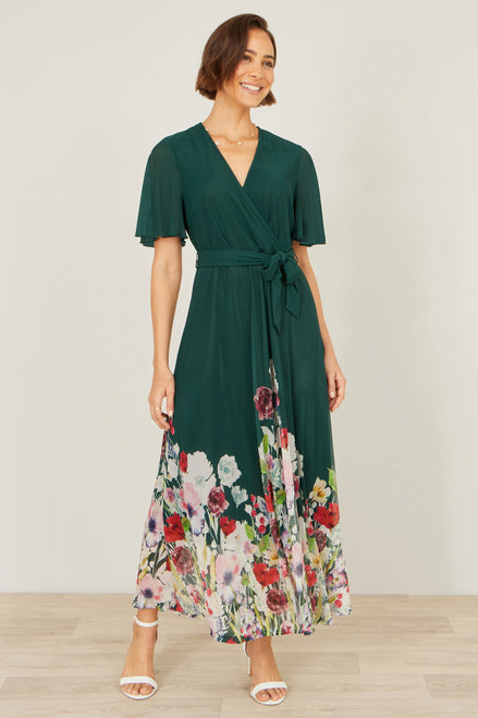 Yumi Green Mesh Wrap Midi Dress with Floral Hem Border