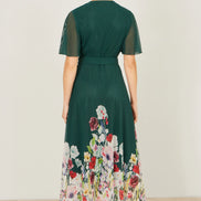 Yumi Green Mesh Wrap Midi Dress with Floral Hem Border