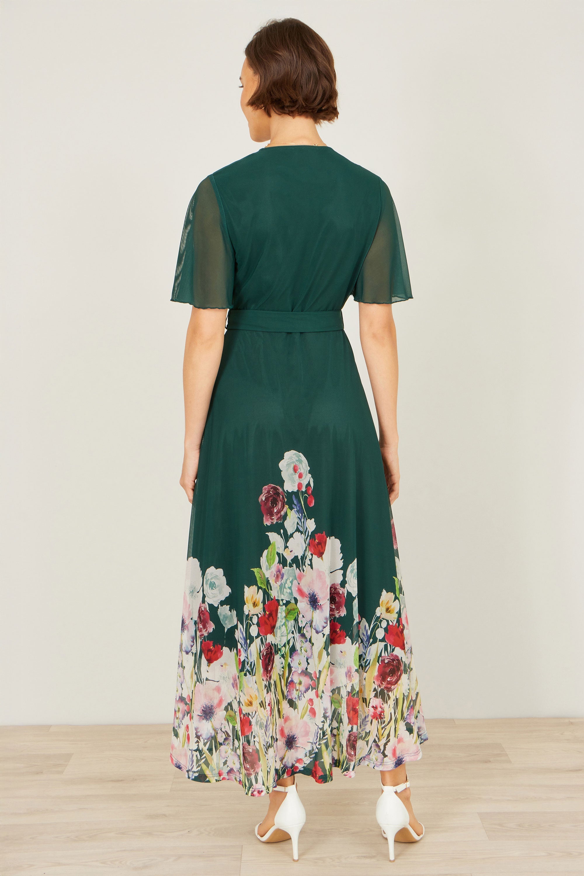 Yumi Green Mesh Wrap Midi Dress with Floral Hem Border