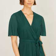 Yumi Green Mesh Wrap Midi Dress with Floral Hem Border